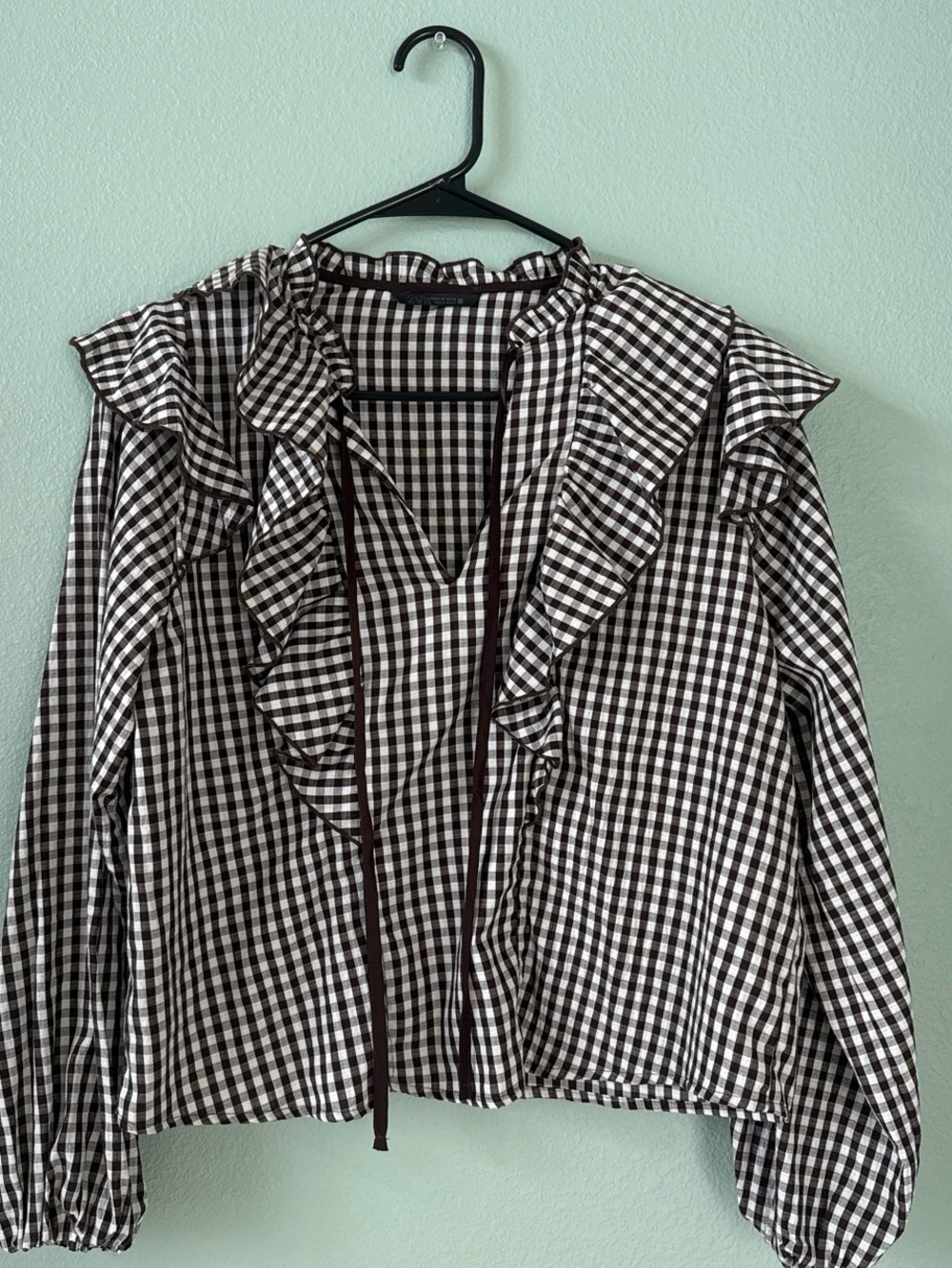 Brown & White Gingham Ruffle-Trim Blouse